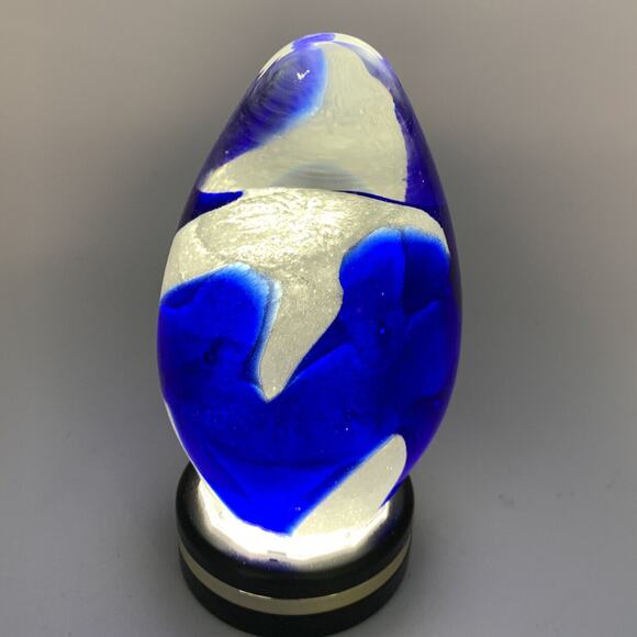 Art Glass Cone Shape Cobalt Blue And White Paper Weight 5” Tall - Picture 6 of 6